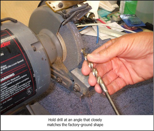 Sharpen flex drill bit for alarm wiring, bench grinder