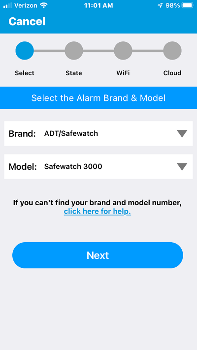 Alarm Panel Make & Model Menu Options