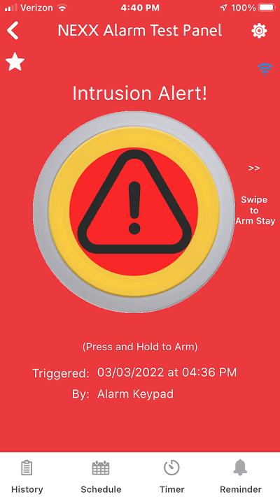 Nexx Home App alarm alert display on iPhone