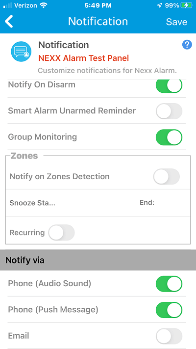 Nexx Notifications settings