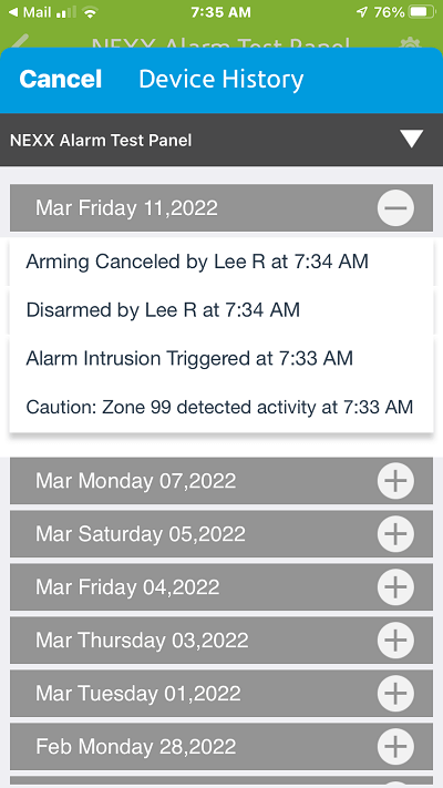 Arming, disarming, and alarm reports sent to iPhone Alarm Report by Zone