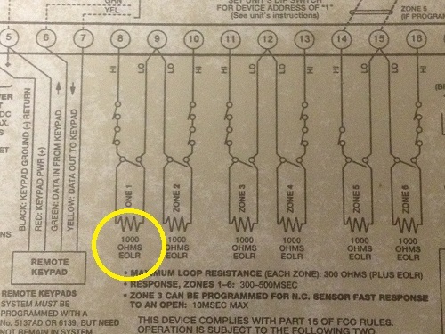 Burglar alarm wiring diagram insiide panel lid, showing EOLR values