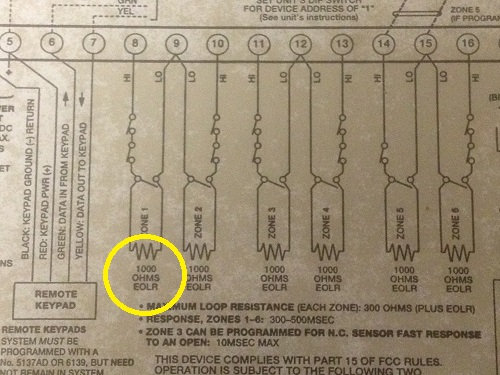 Inside of panel lid showing EOLR values and wiring diagram