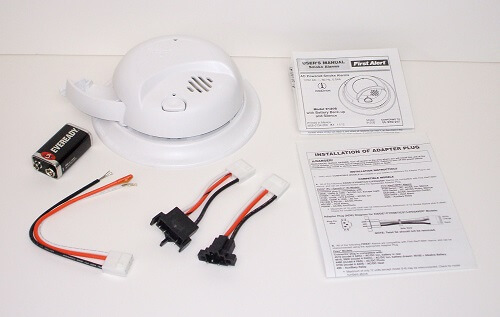 First Alert smoke alarm with pigtail harness and adapters
