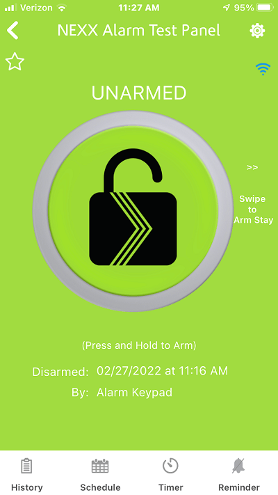 Nexx Alarm Ready Status Display on iPhone