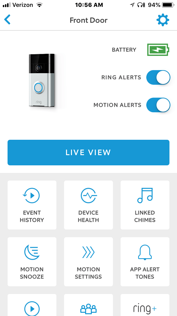 Screenshot of Ring App “Live View” Button